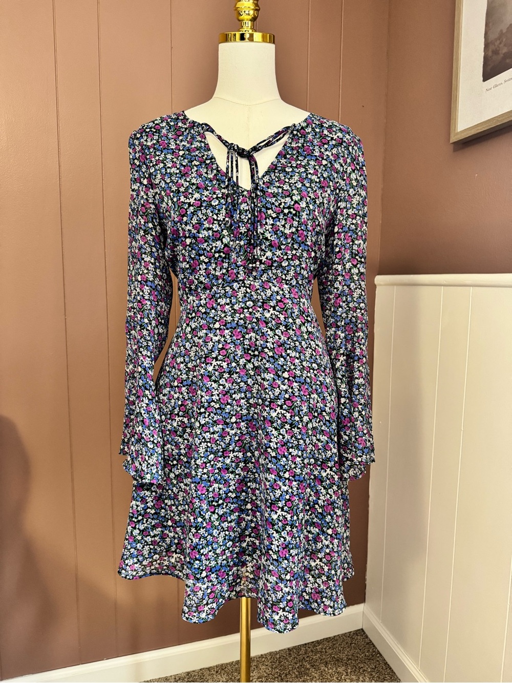 Sam Edelman Floral Chiffon Tie-Neck Long Sleeve Dress